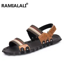 Летние дышащие мужские сандалии из натуральной кожи; высококачественные кожаные сандалии-шлепанцы; Летняя Пляжная Мужская обувь; мужские сандалии на плоской подошве
