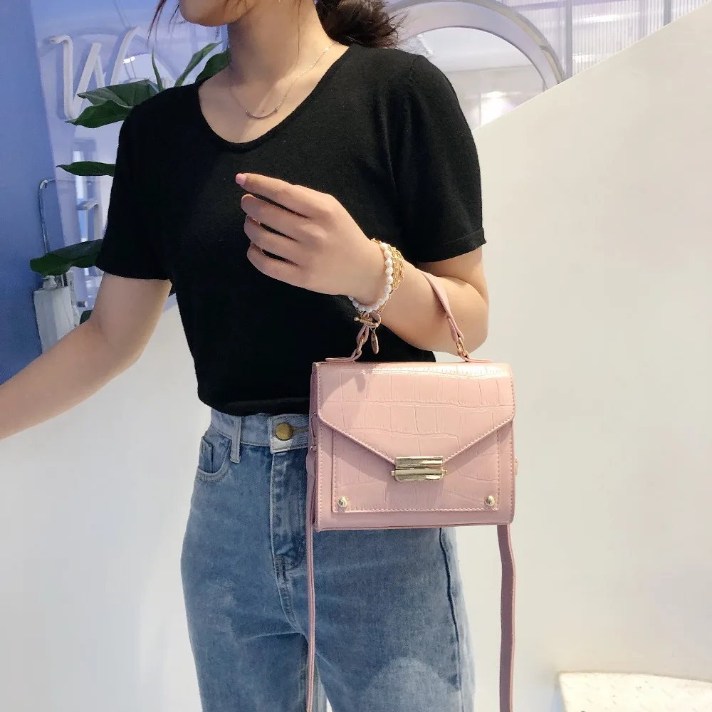 حجر نمط بو الجلود Crossbody حقائب للنساء 2019 جديد أزياء قفل صغيرة المحافظ و حقائب سيدة الأخضر سفر اليد حقيبة