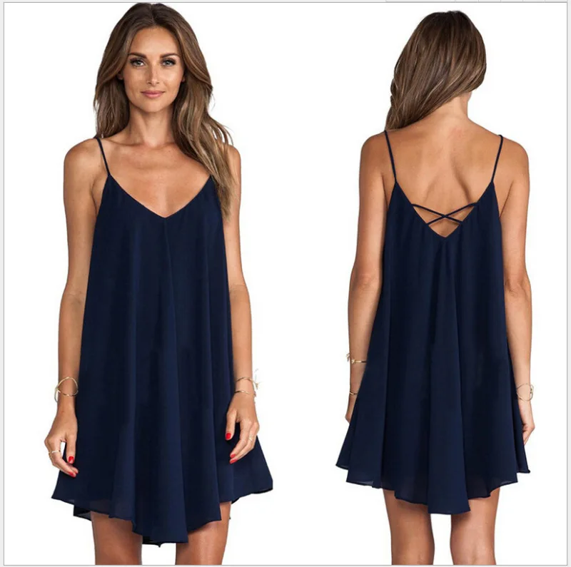 

Summer Women Dress Backless Cross V-neck Navy Blue Strap Beach Dress