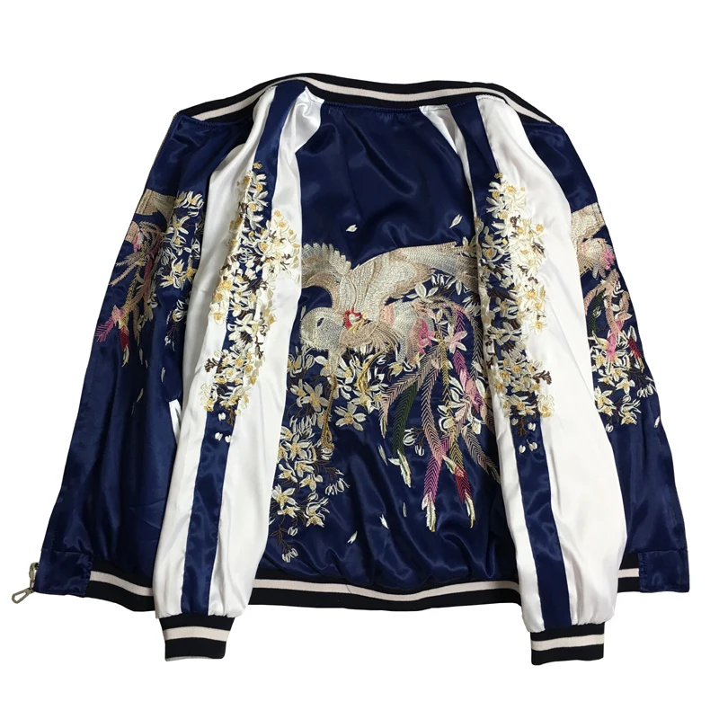 

Spring Autumn New Two Sides Wear Embroidery Jacket Women's and Men's Yokohama Phoenix Double-sided Wearing Satin Flying Jackets