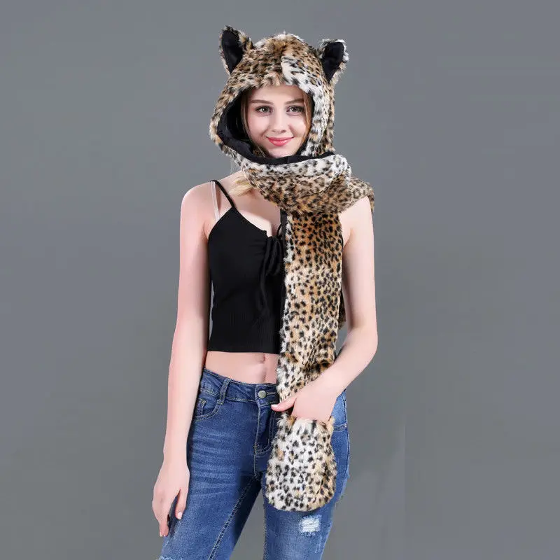Small Leopard Grain Новинка, брендовая зимняя теплая шапка с мультяшным животным, плюшевая шапочка, флисовая зимняя теплая пушистая шапка с капюшоном, шапка-ушанка - Цвет: Small Leopard Grain