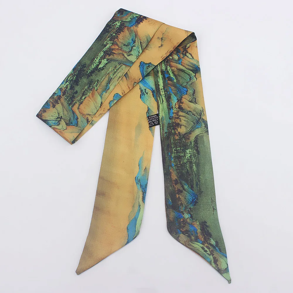 

Chinese Style Women Lady Silk Scarf Mountain Scenery Pattern Printed Small Tie Wrap Ribbon for Bag Neck Decoration