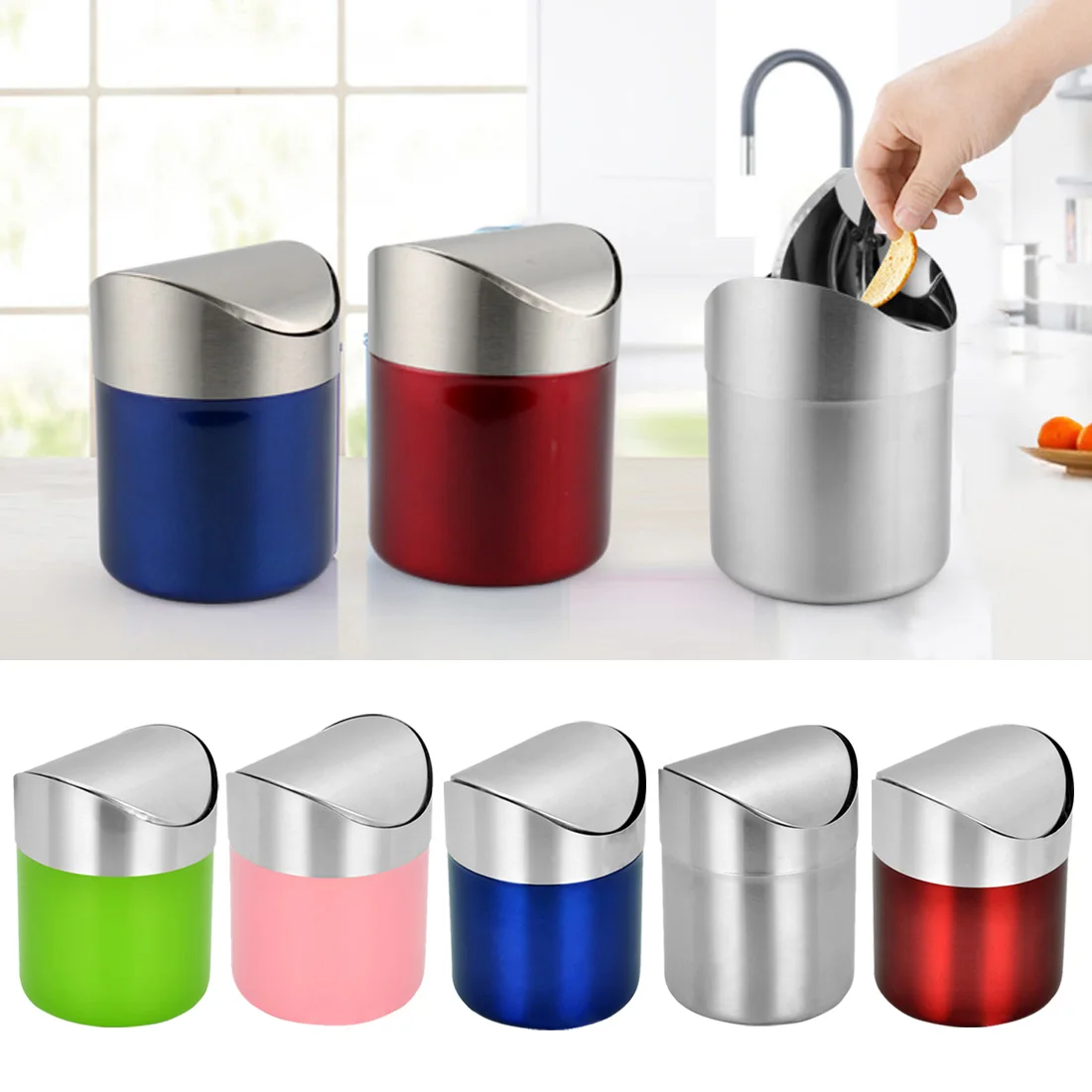 

1.5L Mini Standing Trash Can Kitchen And Toilet Rubbish Bin Stainless Steel Waste Bin