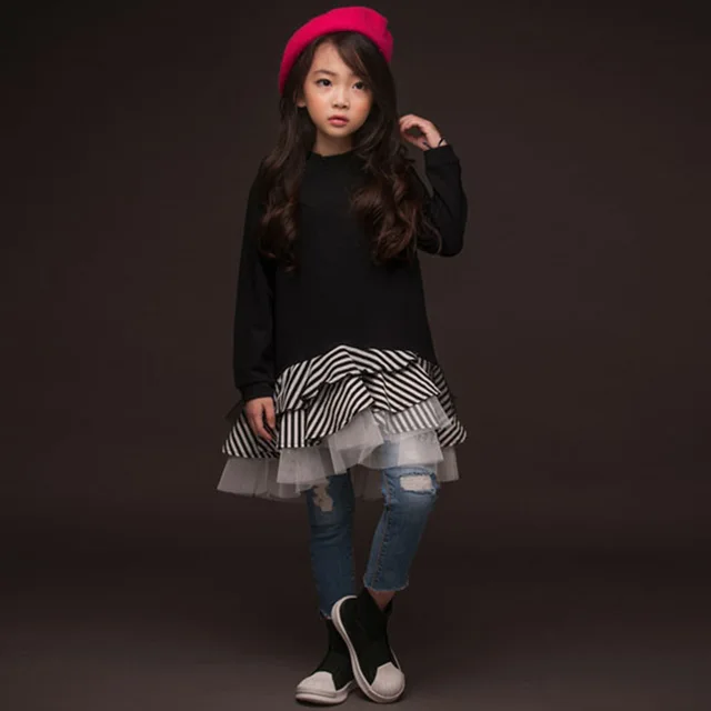 2018 New Sweatshirt Girl Dress Kids Autumn Cotton Stripe Patchwork Ruffle Tutu Dresses Big Girl Fashion Clothes For 4-14 Yrs