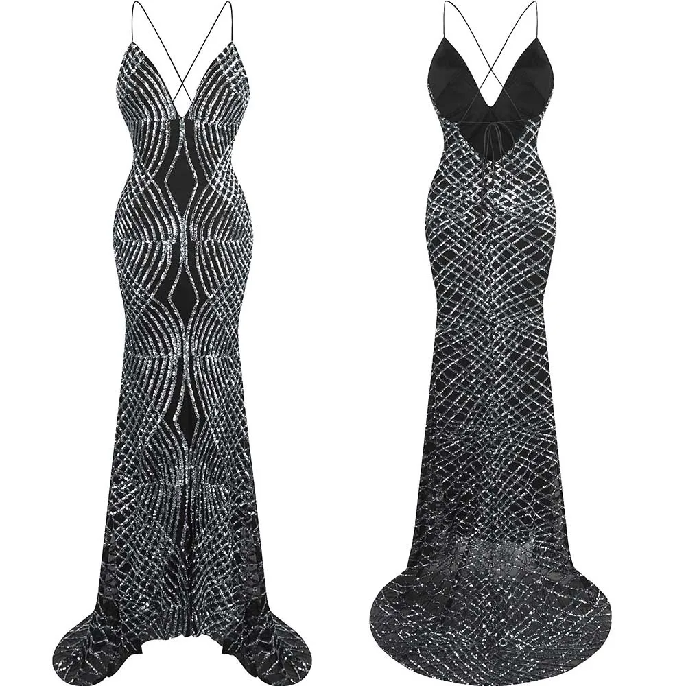 Angel-Fashion vestido de noiva длинное вечернее платье с тонкими бретельками и блестками черного цвета 224 - Цвет: silver picture color