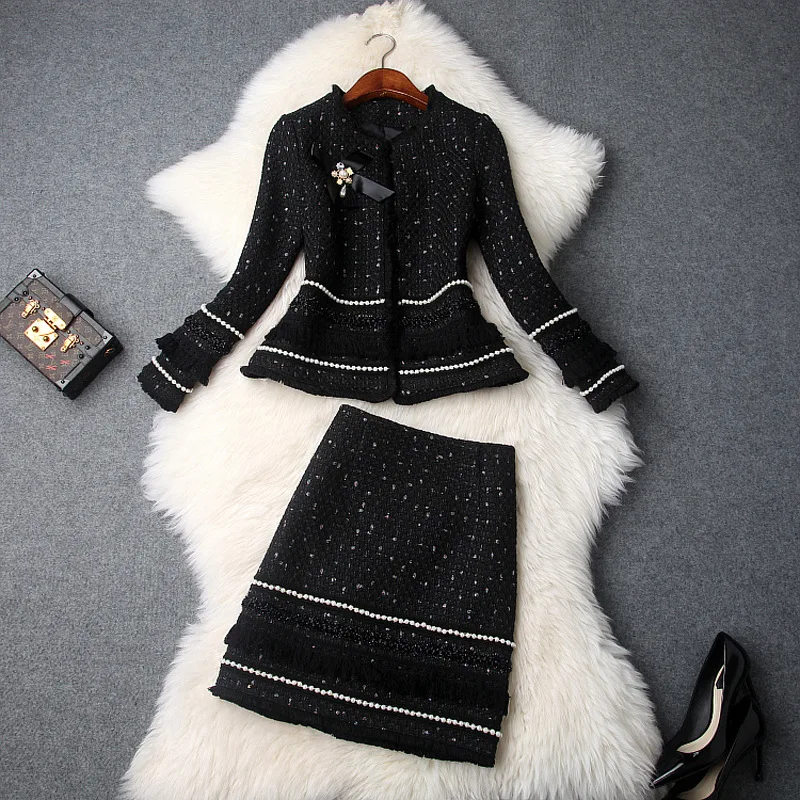 Осенне-зимние женские элегантные твидовые юбки, женские бахромы с кисточками и бисером пальто с бантом куртка+ мини юбки белый черный Jc3015