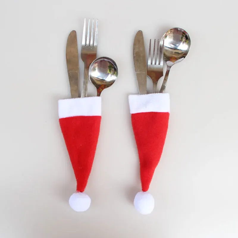 

10 Pcs/Set Christmas Hat Cutlery Bag Candy Gift Bags Cute Pocket Fork Cutter Holder Table Dinner Decoration GQ999