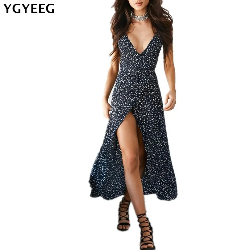 

YGYEEG Spaghetti Strap Beach Summer Dress Sundresses Bohemian Maxi Dress Robe Femme Boho Floral Women Split Long Dresses Vestido