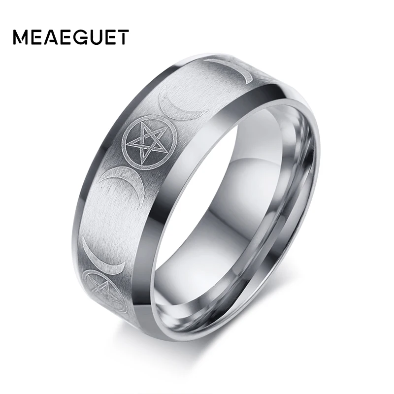 Meaeguet 8mm Wide Stainless Steel Laser Triple Goddess Moon Ring For Women Men Jewelry Matte Finished Wedding Band
