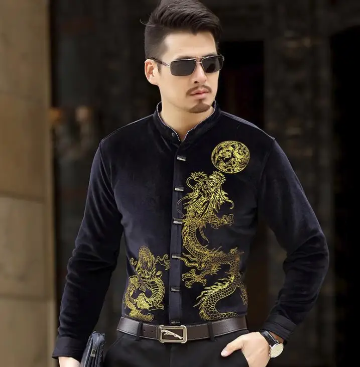 Trendy Luxury Mens Silk Shirts Formal Stand Collar Black Blue Red