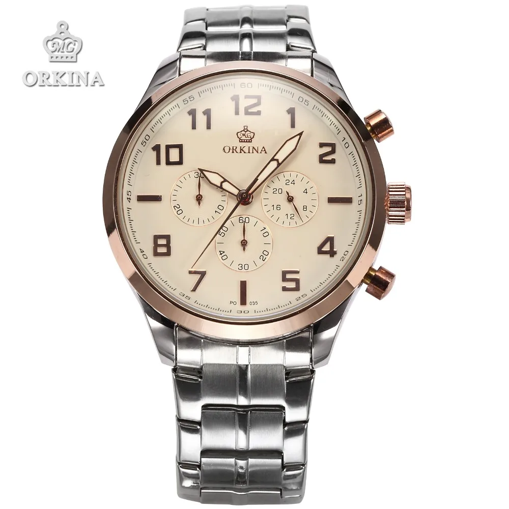 

2016 Mens Luxury Rose Gold Chronograph Military Quartz Watch Men Orkina Brand Stainless Steel Clock Men's Wrist Watches Zegarek