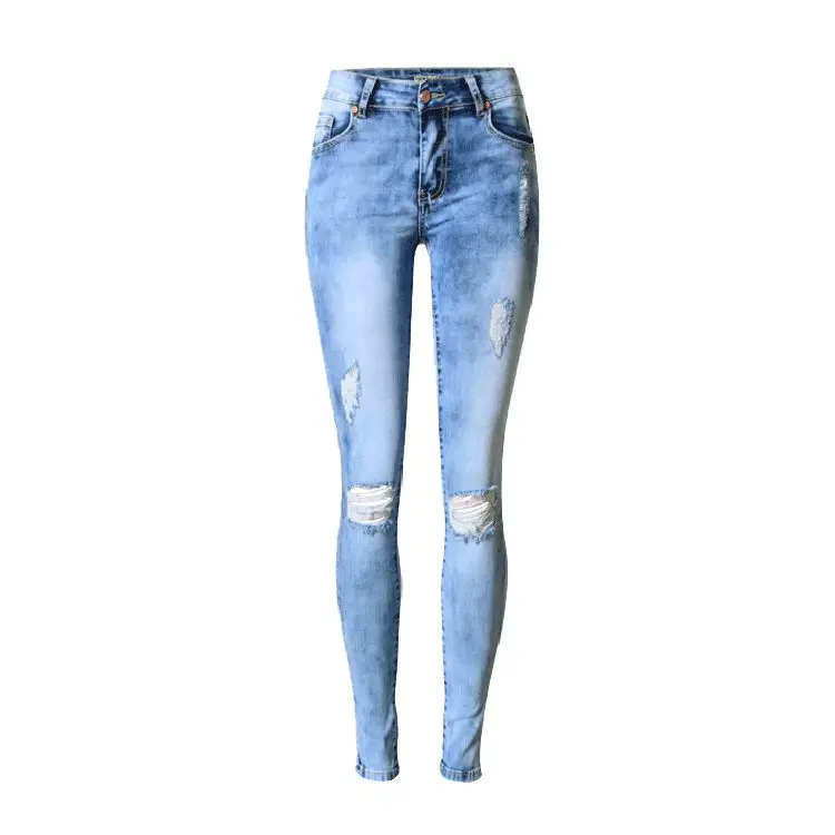 Для женщин модные рваные Рваные джинсы Омывается отбеленные Мотобрюки эластичные джинсовые штаны Для женщин S эластичность обтягивающие