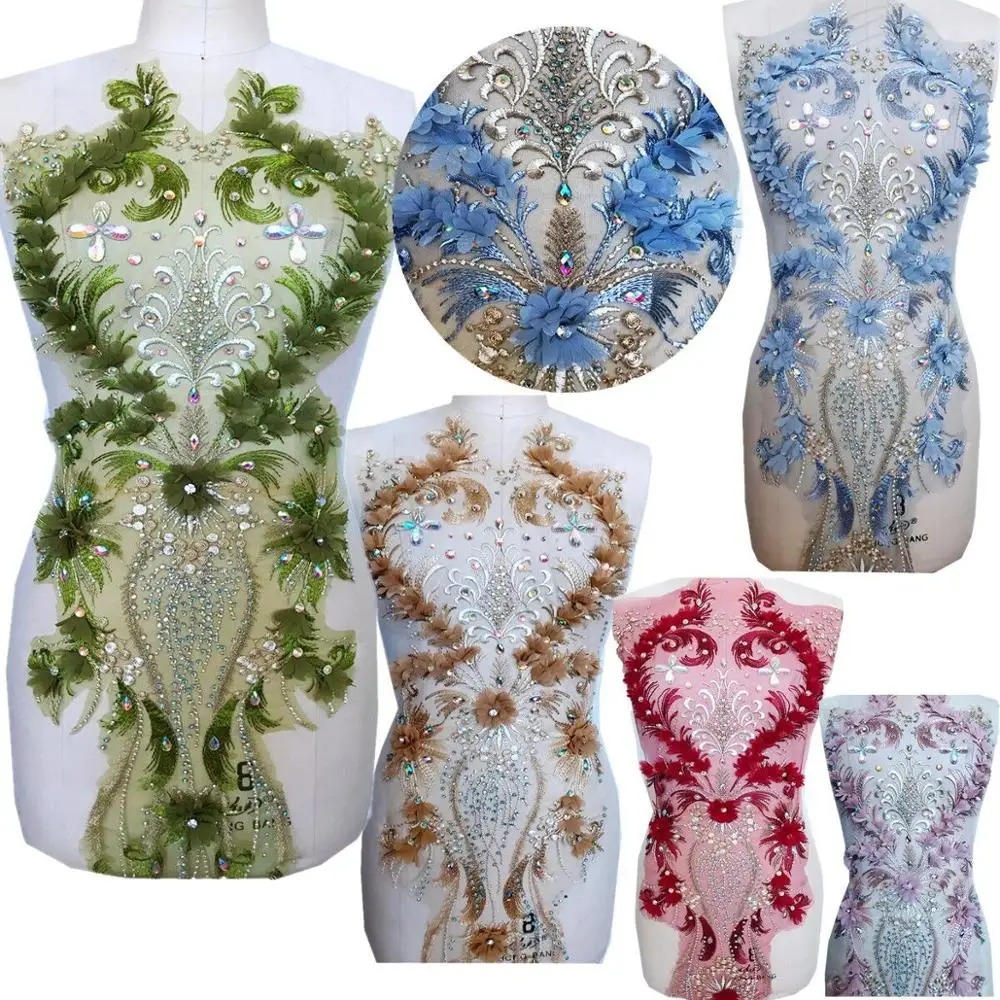 

3D Three-dimensional embroidery GREEN lace patch shiny hot diamond decoration trim applique 40*12 inches
