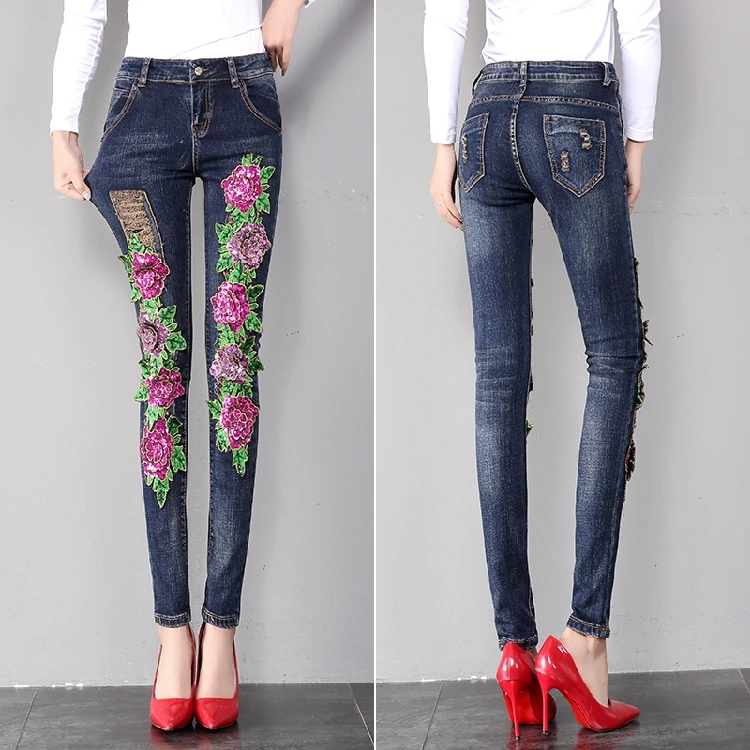 Весенне-осенние модные женские брюки-карандаш для вышивки с блестками и цветочным узором