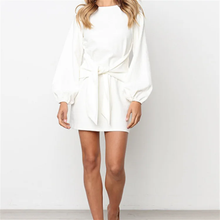 

2018 Autumn Winter Dress Fashion Women Casual Loose Elegant Dress Long Sleeve O-Neck Sexy Black White Dress With Belt Vestidos