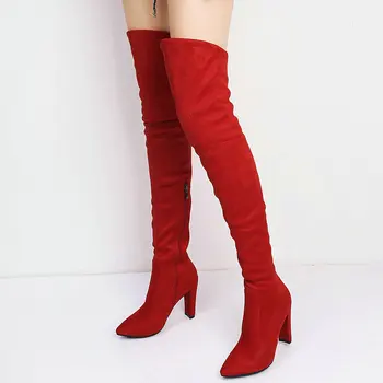 

Pointed Toe Block High Heel Stretch Boots Women New Thigh High Boots Female Long Boots Zipper Over the Knee Boots 2019 Woman