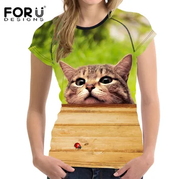 

FORUDESIGNS Cute 3D Tummy Cat Women Fashion Tops T Shirt Summer Elastic Women T-shirt For Teenage Girls Short Sleeved Shirts Tee