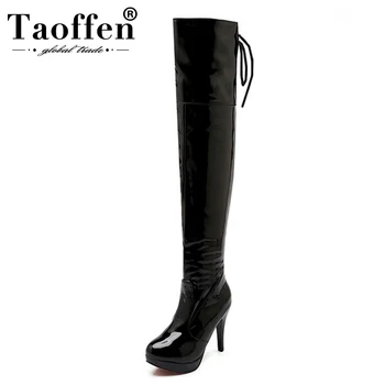 

Taoffen Women Knee Boots Fashion Zipper Lace Up High Heel Winter Shoes Women Warm Fur Platform Long Boots Footwear Size 33-43