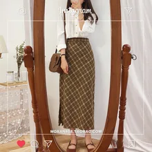 Осенняя Женская юбка в стиле преппи винтажная клетчатая Высокая талия шикарная длинная юбка для похудения облегающая Femme Falda Donna Saia Mujer'll
