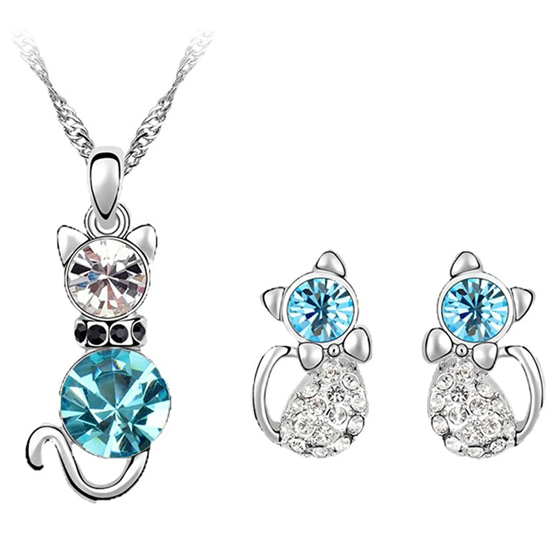 

Women Fashion Rhinestone Cat Ear Stud Earrings Necklace Jewelry Set