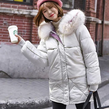 

2019 Autumn Winter Korean version Fur Collar Hooded Cotton Down Jacket Casual loose long sleeves Women coat cc312