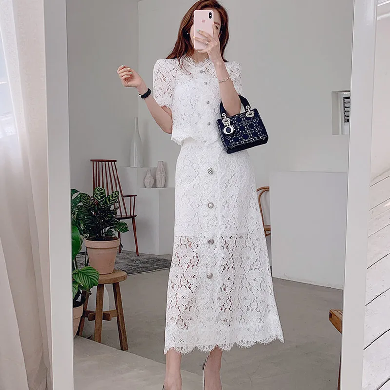 

2019 Summer Lace 2 Pieces Suits Women Short Sleeve Beading Button Lace Shirt Top + Single-Breasted A-Line Long Skirt Office Set