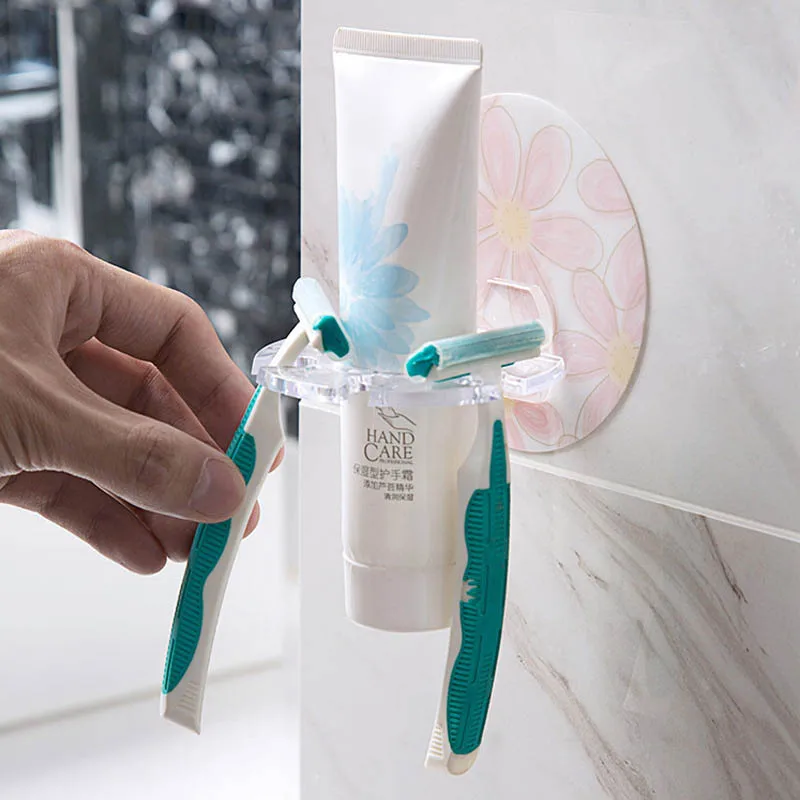 

Wall Mounted Toothpaste Storage Rack Home Bathroom Accessories Shaver Tooth Brush Dispenser Toothbrush Holder Plastic Organizer