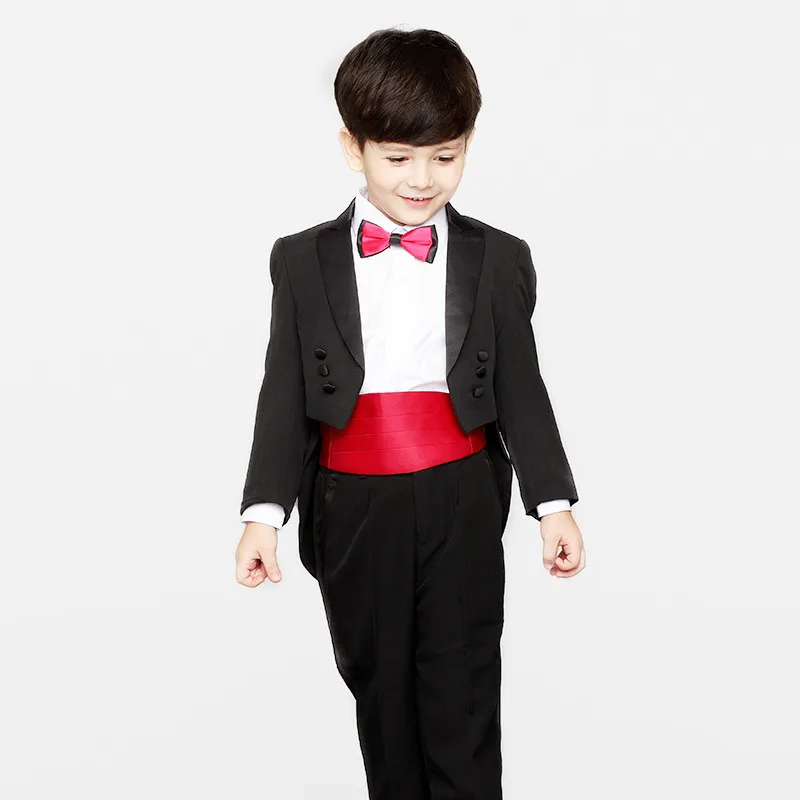 

4pcs Set Boy Formal Suit White Shirt Swallow-tailed Coat Pants and Red Waist Girdle Set for Wedding Party