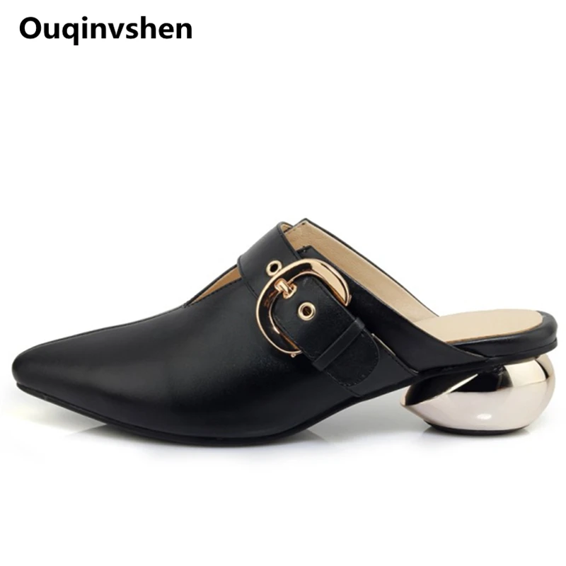 

Ouqinvshen Sewing Buckle Mules Shoes Women Pointed Toe Fashion Genuine Leather Summer Heels Strange Style Ladies Slippers 4CM