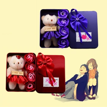 

Lovely New Heart-Shaped Rose Soap Flower Plush Animal Toys Bear Doll Romantic Wedding Party Flower Petals Decor Valentine Gift