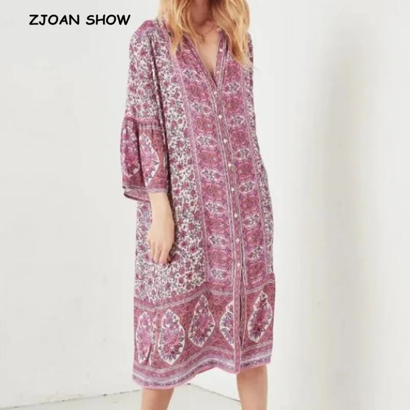 

2019 New Women Bohemian Floral print Single-breasted Shirt Dress Pink Spliced Hollow Out Lace Flare Sleeve Dresses femme Vestido