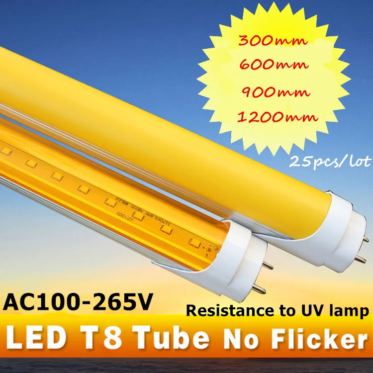 25pcs No UV LED tube T8 UV resistant 6w9w 13w 18wSmd2835 yellow lamp Printing house darkroom