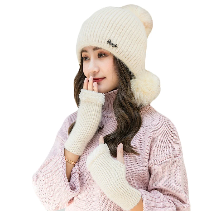 

2018 Female Winter Knitted Hat Casual Lovely Rabbit Fur Knit Women Hats Beanies Girls Lady Winter Warm Knitting Cap+Gloves Set
