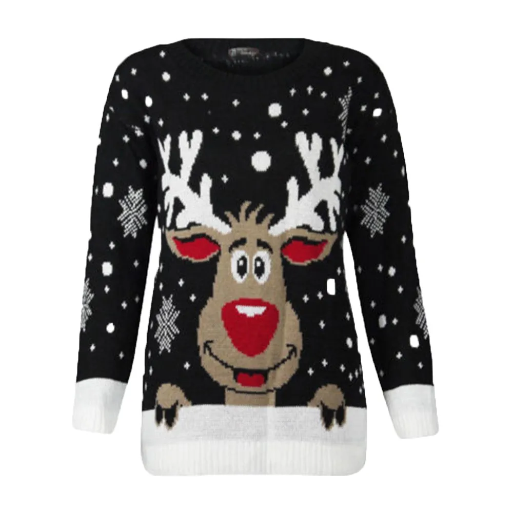 Женский Теплый вязаный свитер с длинными рукавами и рождественским оленем, черный, красный пуловер с оленем, новогодний свитер