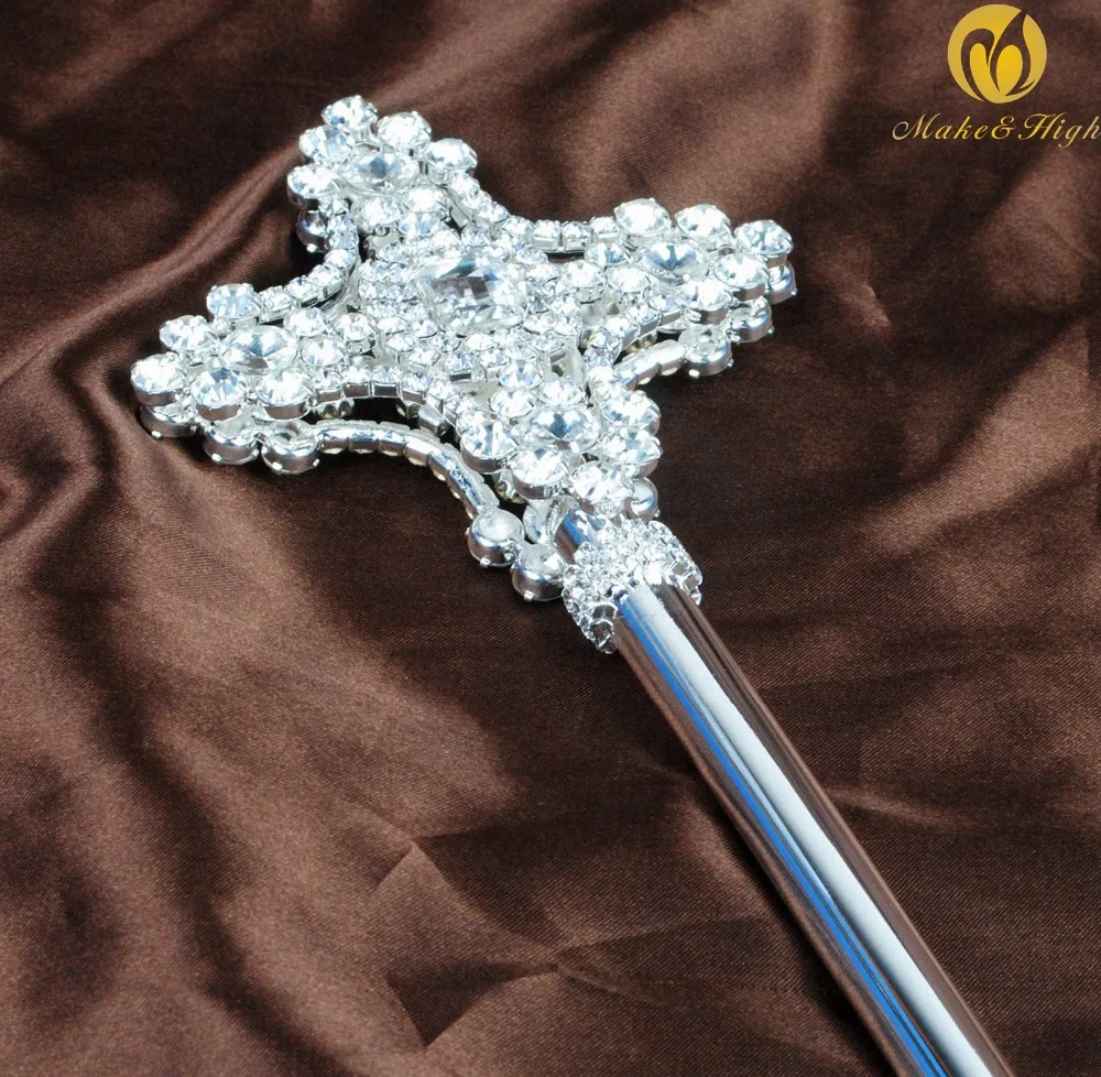 King Queen Unisex Cross Scepter Wand Clear Crystal 20 inch Silver Sceptre Double Side Wedding Pageant Party Costumes Prom | Украшения и