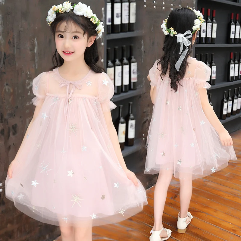 Платье для девочек; Детская летняя одежда; Одежда для девочек; коллекция года; платье принцессы с блестками и звездами для девочек; От 2 до 7 лет; розовый и бежевый цвета