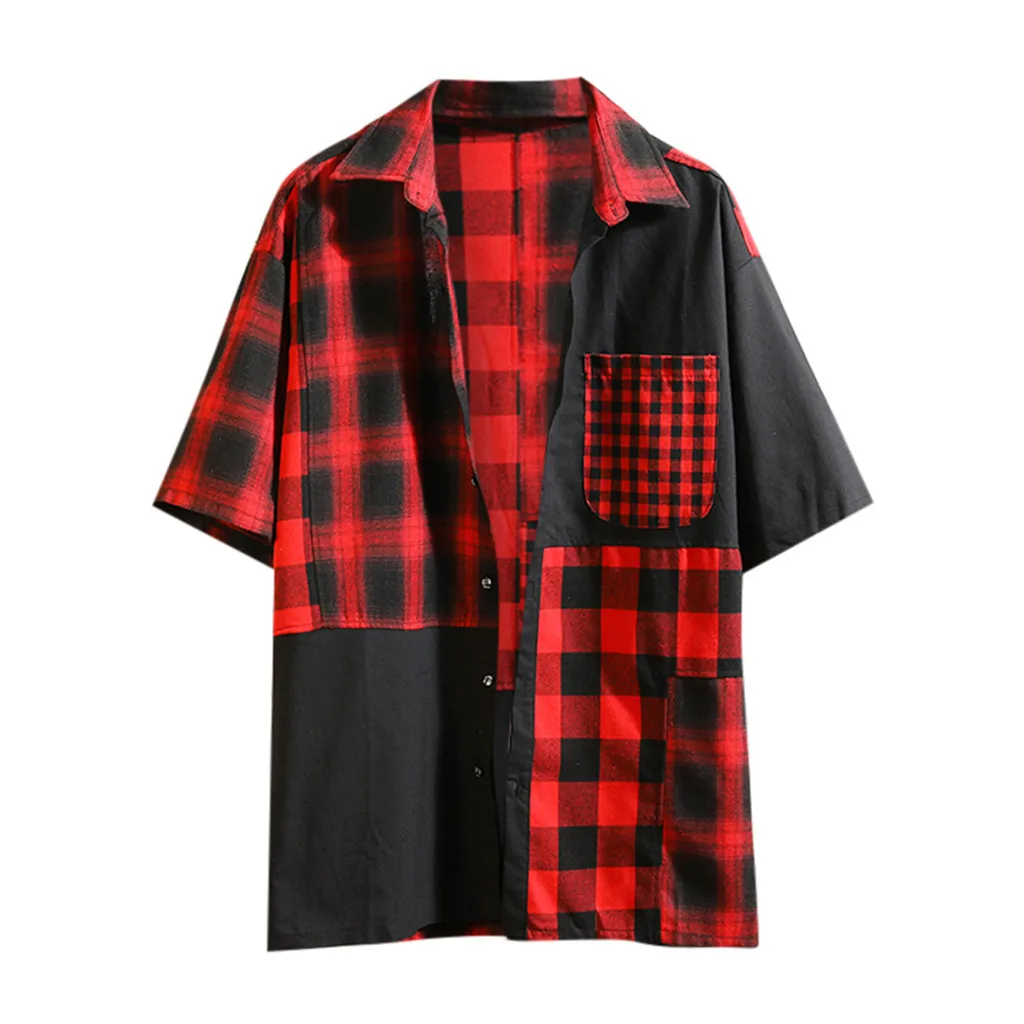 Shirt Men Plaid  patchwork color Summer Fashion Chemise Homme Mens Checkered Shirts Short Sleeve Shirt Men Blouse Cotton 5.16