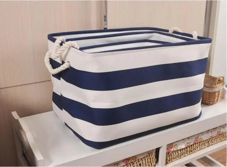 Foldable Linen Cotton Storage Baskets Mediterranean Stripe Clothes