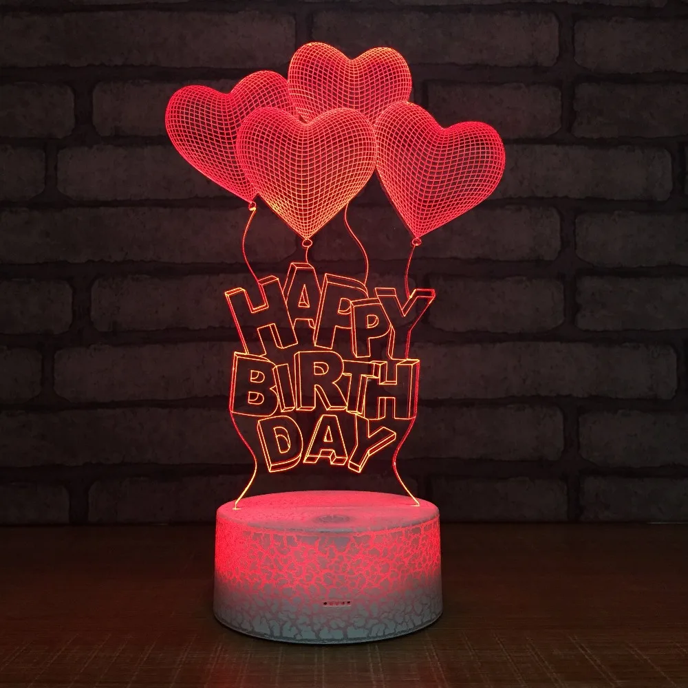 СВЕТОДИОДНЫЙ ночник в форме сердца Happy Birhtday акриловая Настольная лампа с 3D