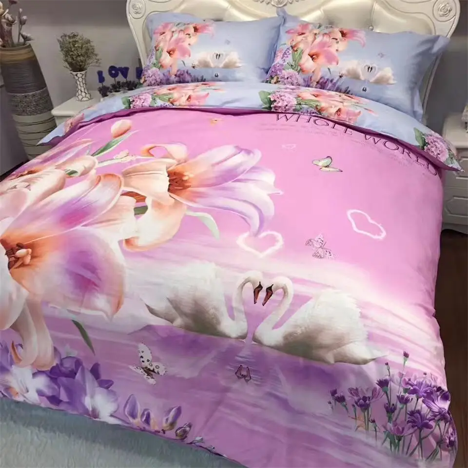 

Romantic Swan Lake and Lily Bedding Set Queen Size Cotton Floral Printed Duvet Cover Pillowcase Bedsheets Family Home Textile