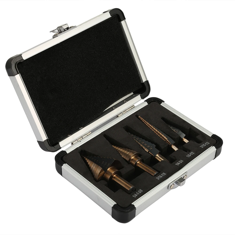 5pcs High Speed Steel Straight Flute Step Drill with Aluminium Box HSS