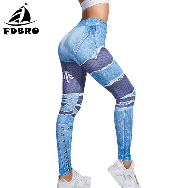 FDBRO 3D джинсы с принтом штаны для йоги похудения эластичной резинкой на талии