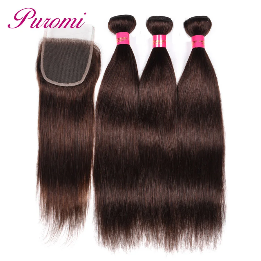 

Puromi Closure with Bundles Dark Brown #2 Straight Bundles with Closure Non Remy Brazilian Hair 3 Bundles and Closure 10-24"