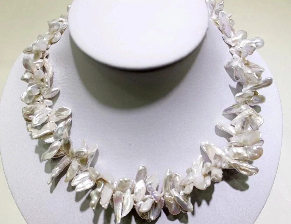 

FREE SHIPPING>@@> N3335 White Beautiful keshi reborn pearl double necklace 18INCH 7x21mm "handmade"Alloy