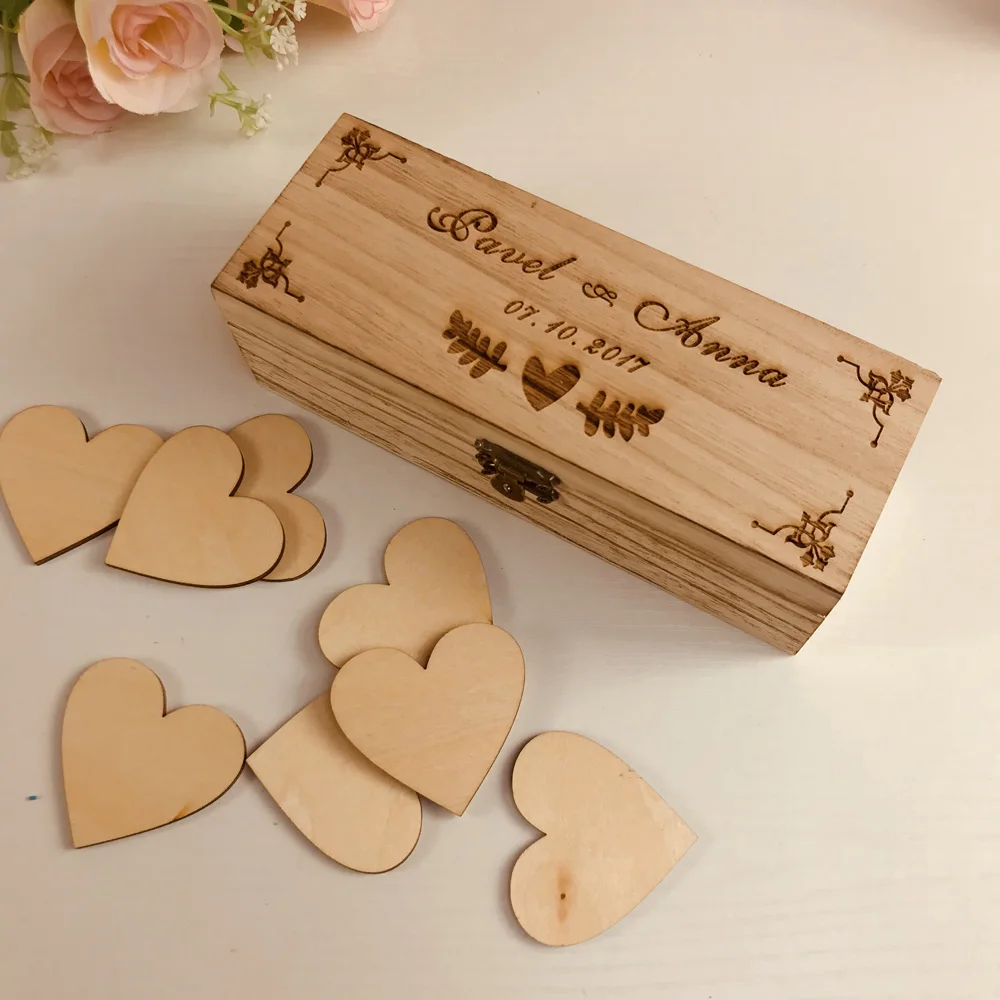 Personalized Wedding guest book with hearts,Custom name and date Wooden Keepsake box,rustic engrave wedding guest book (2)