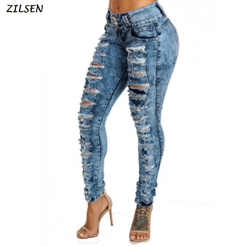 

2019 New Fashion Casual Ultra Stretchy Blue Commute Hole High Waist Small Feet Buttonhole Jeans Women