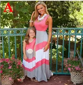 Одежда от «AiLe Rabbit», Летняя Одинаковая одежда для всей семьи платья для мамы и дочки контрастного синего цвета; платье трапециевидной формы Мамам и детям одежда k1 - Цвет: A rose grey