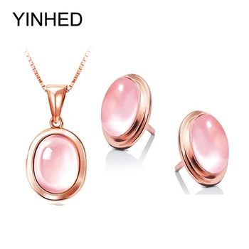 

YINHED Luxury Natural Pink Quartz Jewelry Sets Rose Gold Color Crystal Necklace & Earrings for Women Christmas Gift ZS013