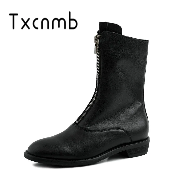 

TXCNMB Fashion Women Ankle Boots Genuine Leather Autumn Winter Warm High Heels Shoes Woman Square Toe Office Chelsea Boots