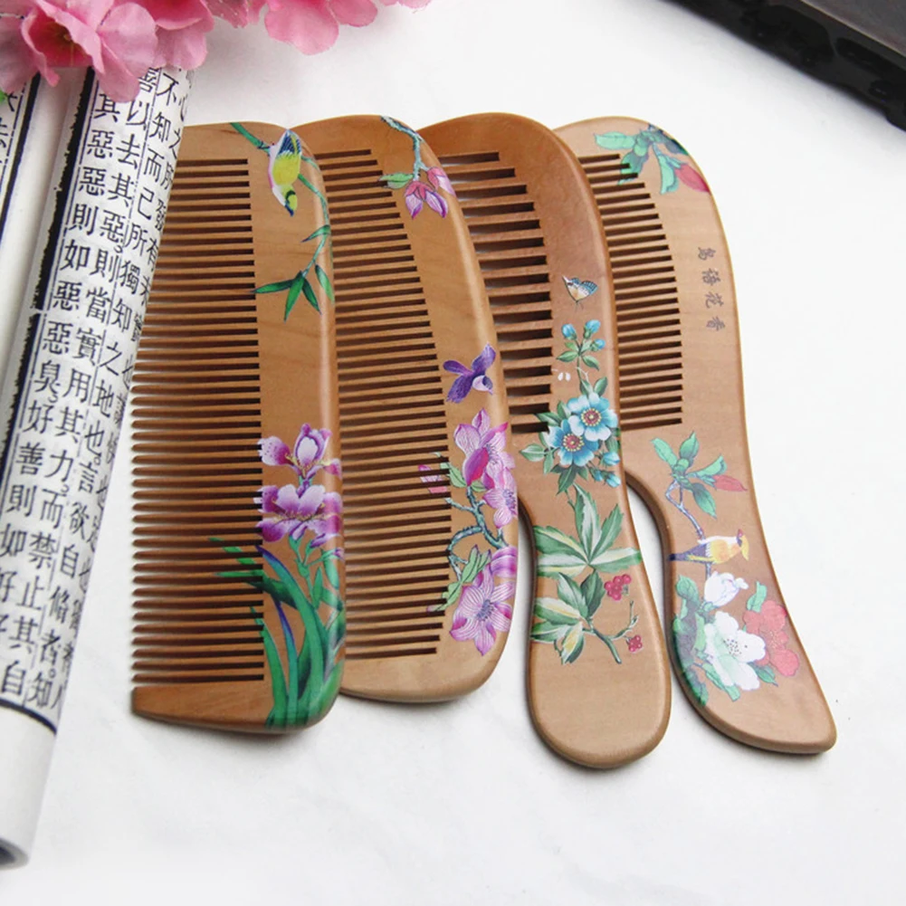 Flower Painted Chinese Peach Wood Comb  Healthy Scalp Massage Anti-Static Comb Hair Care Wooden Gift Beauty Tool 2